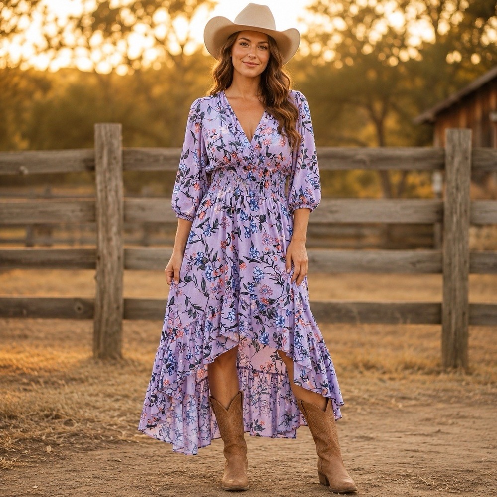 Rokoko Women's L Purple Floral Wrap High Low Maxi Dress Smocked Waist NWT